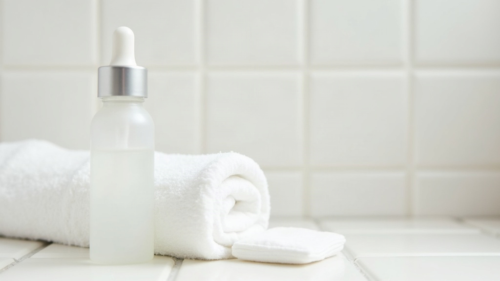 Dropper bottle and cotton pad set out for a simple acne routine on a clean tiled counter