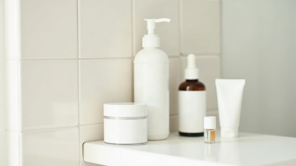 Simple acne routine products including cleanser, treatment dropper bottle, moisturiser and sunscreen on a bathroom shelf