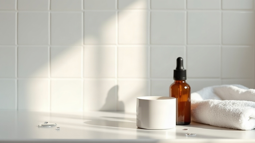 Amber dropper bottle and white jar representing azelaic acid skincare products on a bathroom counter