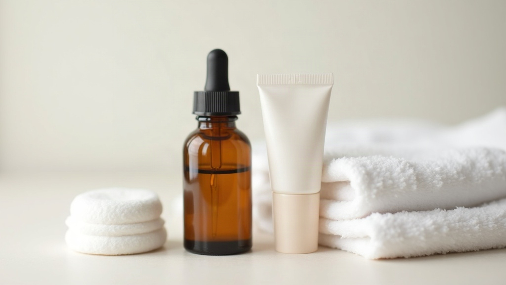 Amber dropper bottle, cotton pad, and unlabelled cream tube representing acne treatment products including benzoyl peroxide