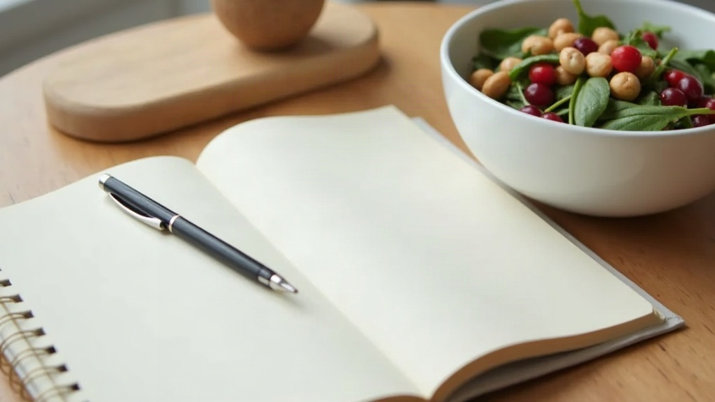 A notebook beside a bowl of mixed whole foods representing the diet and acne discussion