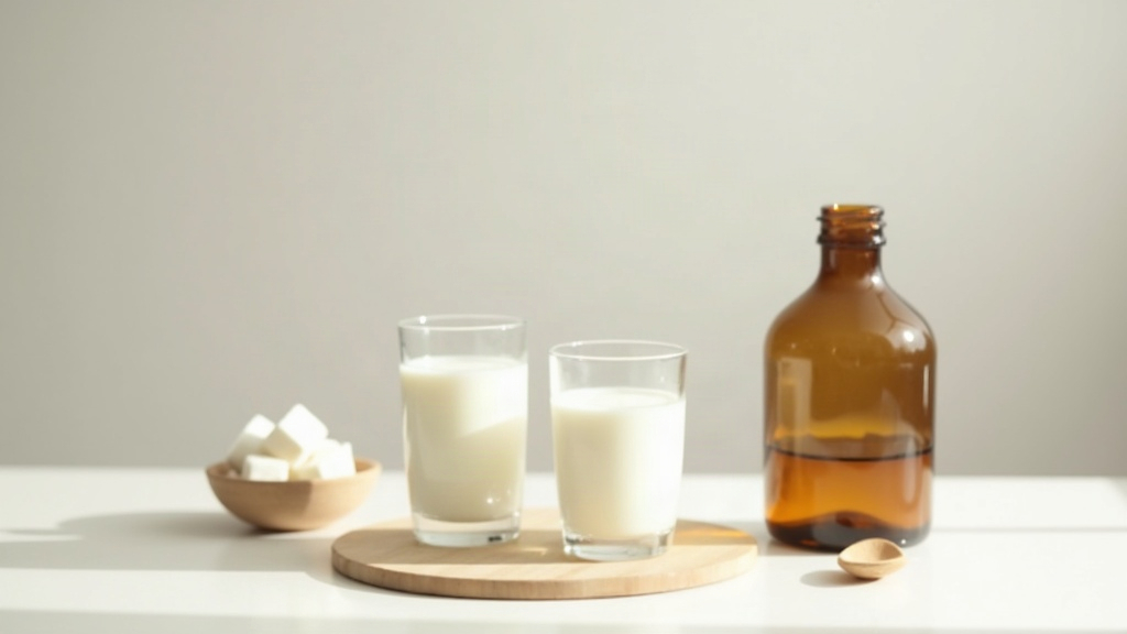 Milk, sugar cubes and a plain supplement bottle arranged on a counter to represent diet and acne research