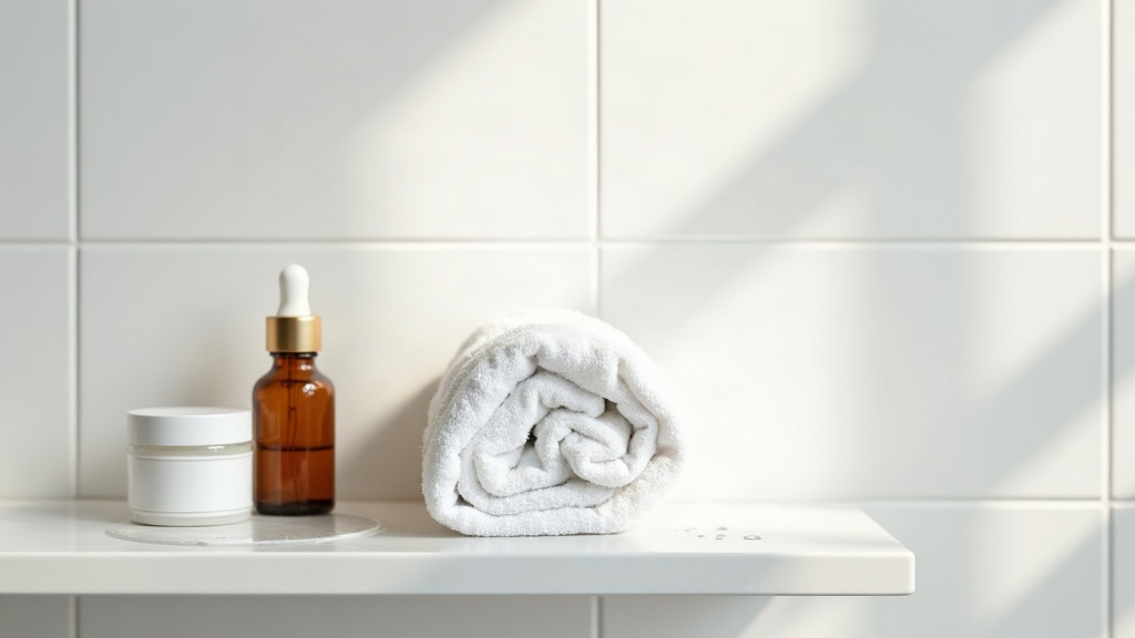 Amber dropper bottle representing a hyaluronic acid serum on a tiled bathroom shelf