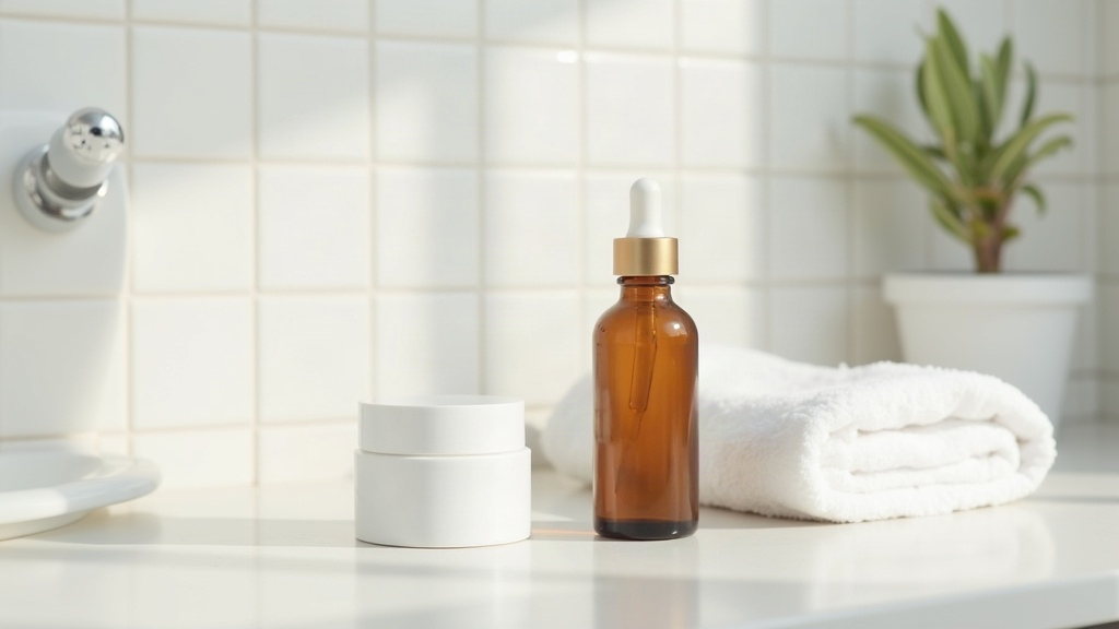 Unbranded skincare jar and dropper bottle on a tiled counter representing a non-comedogenic moisturiser