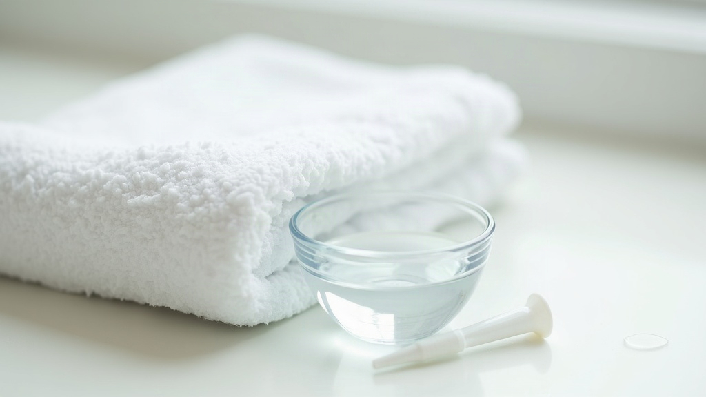 A towel, water bowl and pipette arranged calmly, symbolising a gentler skincare routine after over-exfoliating