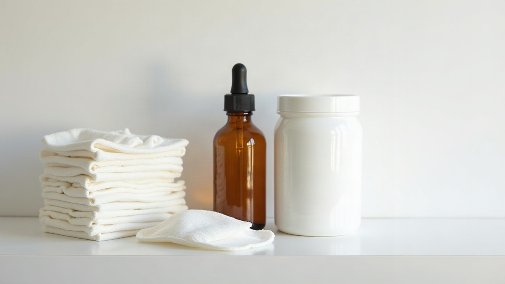 Cotton pads and skincare bottles arranged on a shelf, representing tools used in over-exfoliating a routine
