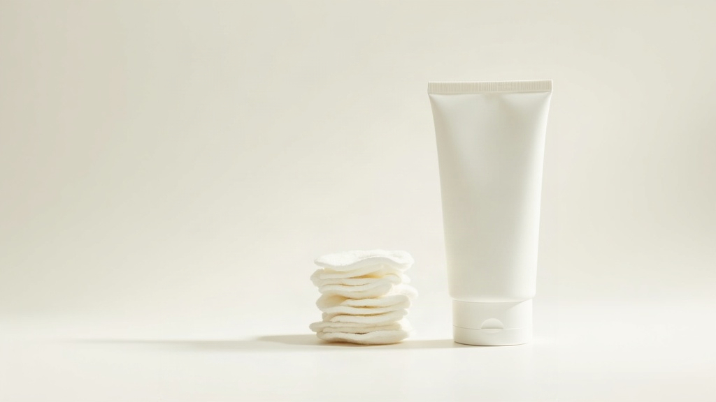 White skincare tube and cotton pads arranged near a salicylic acid solution