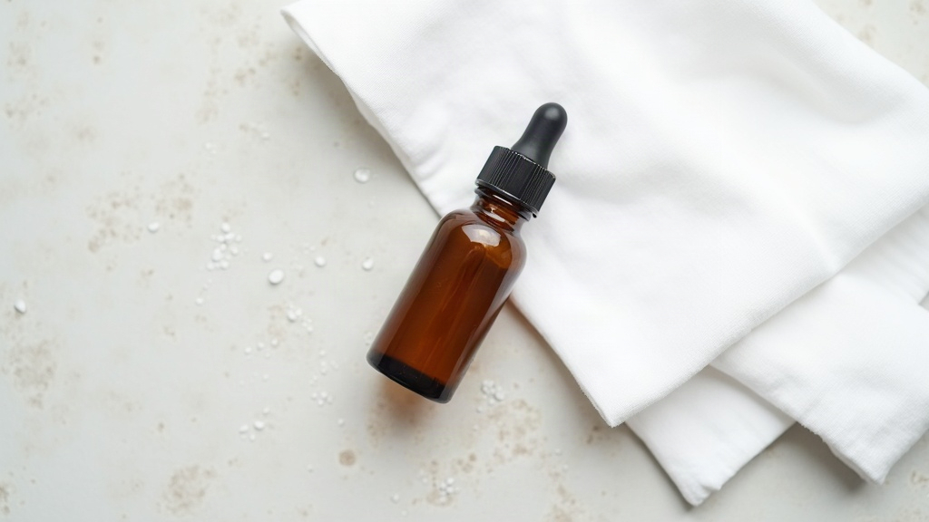 Dropper bottle and cotton cloth on a stone surface, styled for an article about treating closed comedones