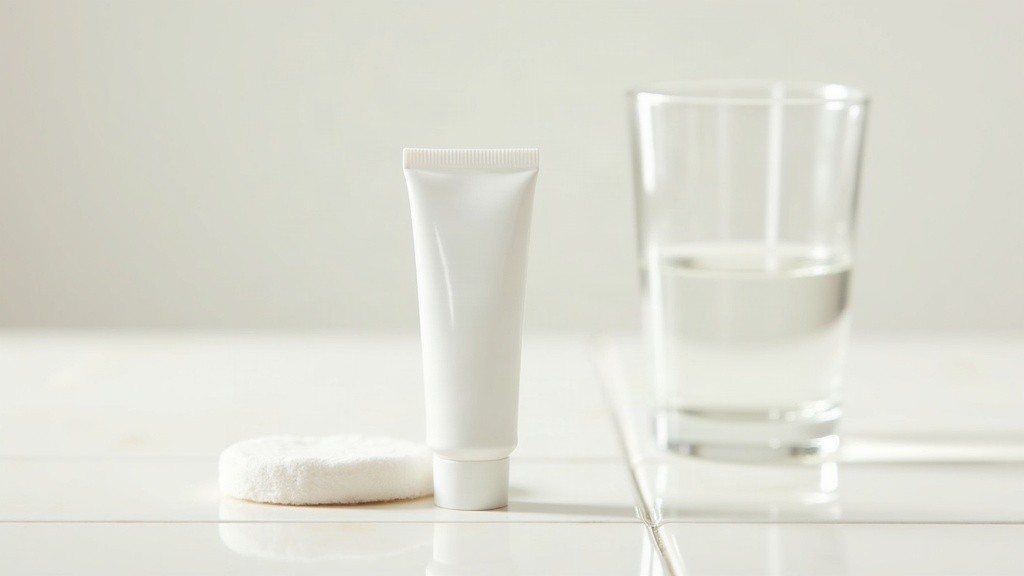 Plain tube of retinoid cream beside a cotton pad, illustrating how adapalene is typically applied in a routine