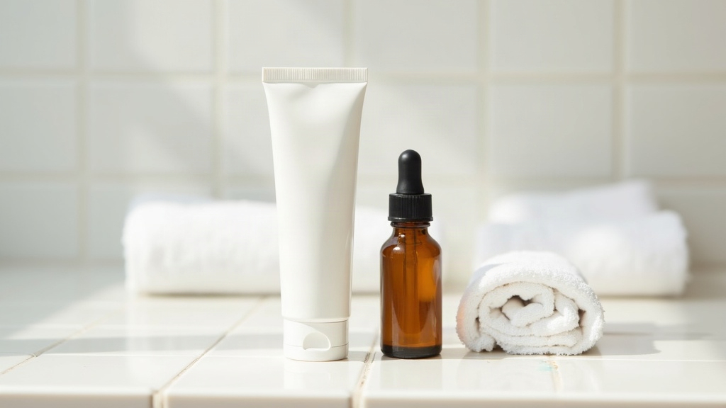 Unbranded tube and dropper bottle representing adapalene and other retinoid skincare products on a bathroom counter
