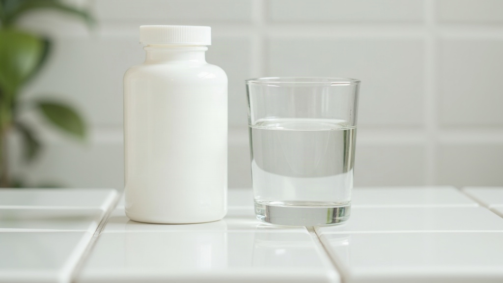 Plain white bottle and glass of water on a tiled counter symbolising hormonal acne treatment discussions with a doctor