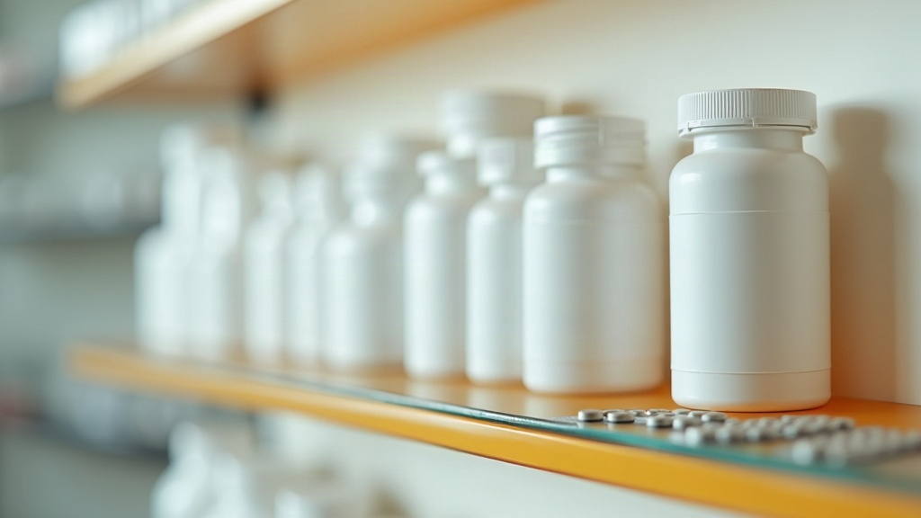 Unbranded medication bottles on a pharmacy shelf representing isotretinoin as a closely supervised prescription treatment