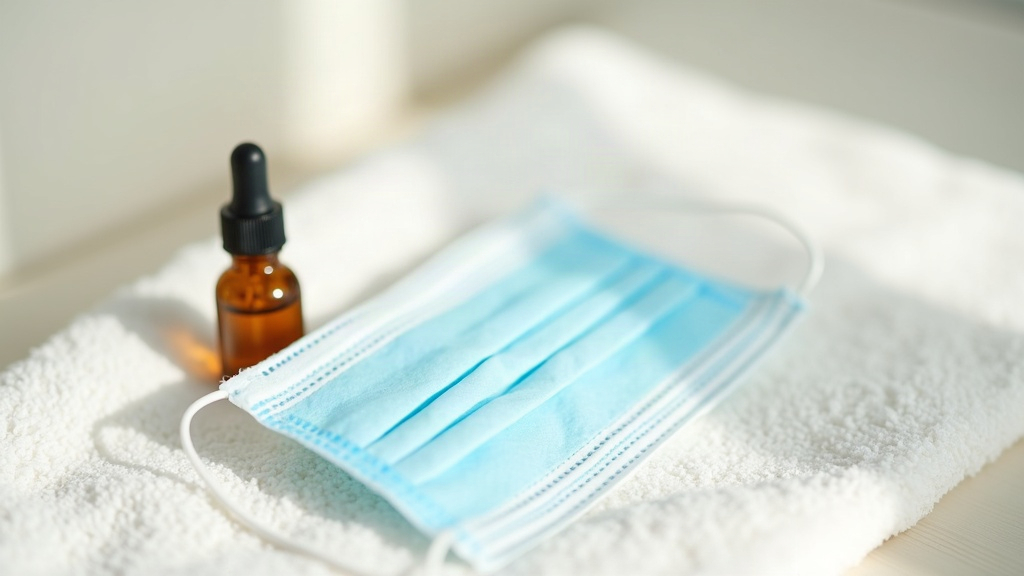 Face mask and dropper bottle on a towel, representing skincare choices for maskne-prone skin