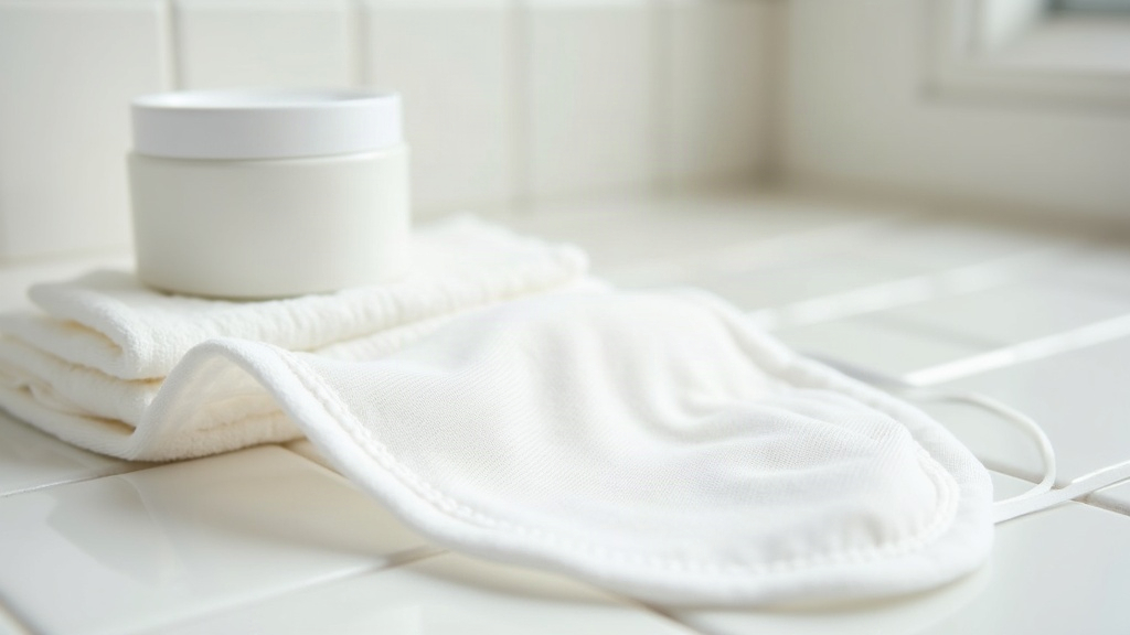 Folded cloth mask beside skincare jars, illustrating what causes maskne breakouts