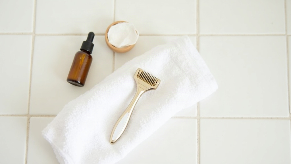 A derma roller style microneedling device on a towel beside skincare bottles, illustrating what microneedling is used for