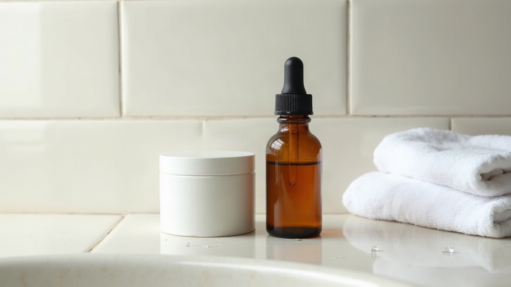 Amber dropper bottle and plain jar representing a niacinamide skincare product on a tiled counter