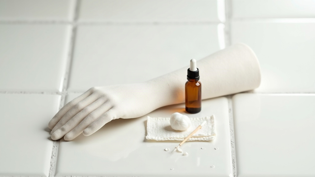 Cotton bud and dropper bottle next to folded gauze illustrating a patch test setup on a tiled surface