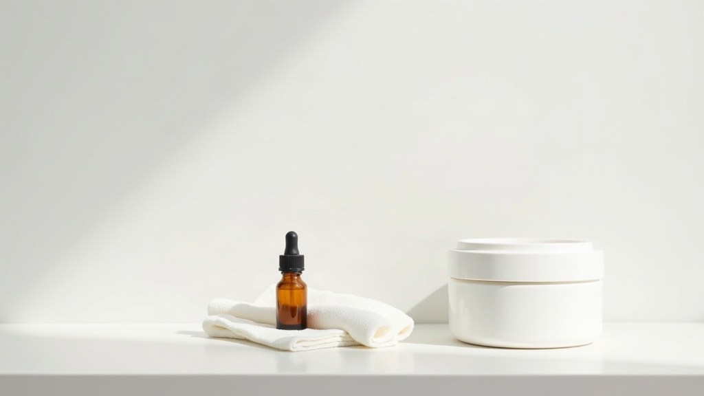 Dropper bottle and cotton pads arranged on a bathroom counter for patch testing a new skincare product