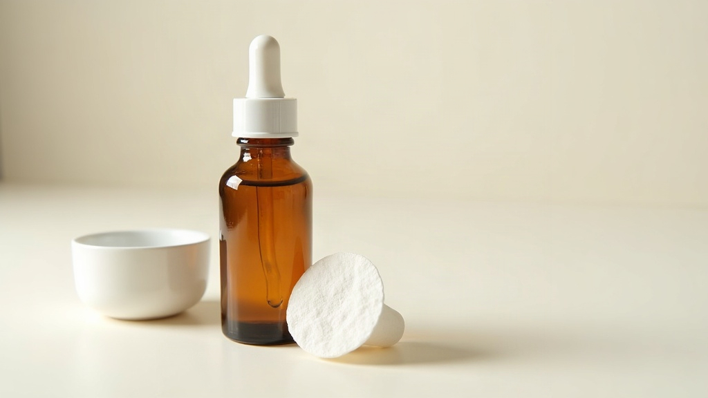 Tea tree oil bottle and pipette next to a cotton pad used for diluting before applying to skin