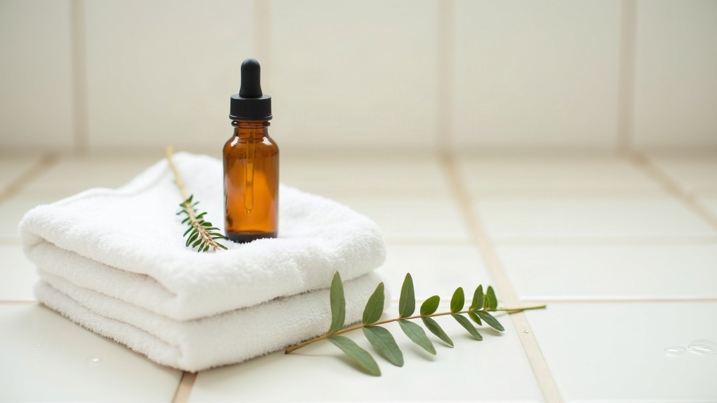 Amber dropper bottle of tea tree oil beside a plant sprig on a bathroom tile surface