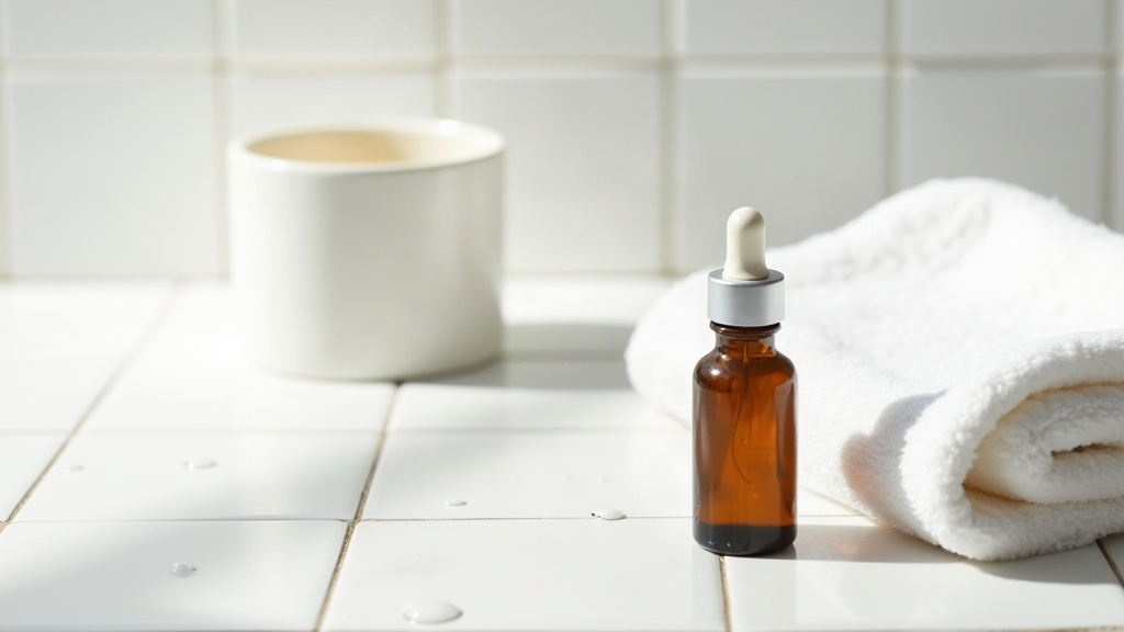 Skincare bottles and a folded towel arranged to represent products used to support the skin barrier