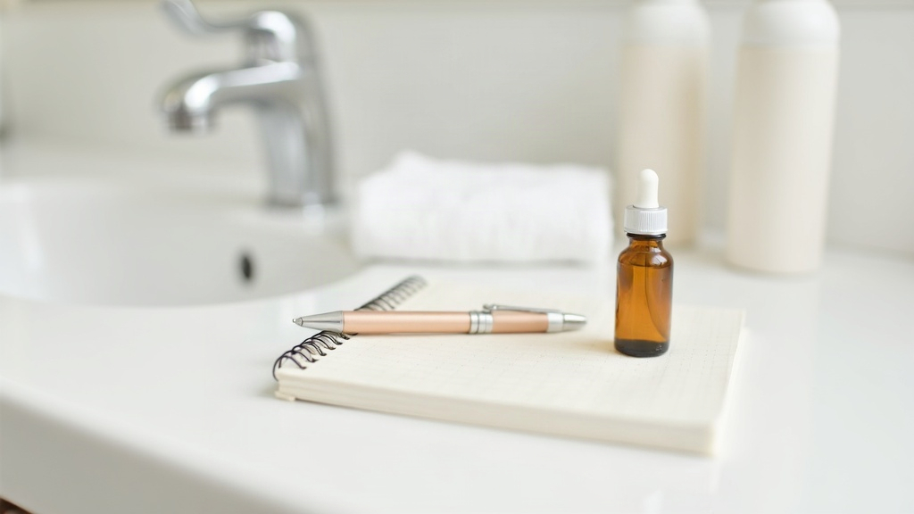 Notebook and pen beside skincare bottles, representing questions to ask at a dermatology appointment
