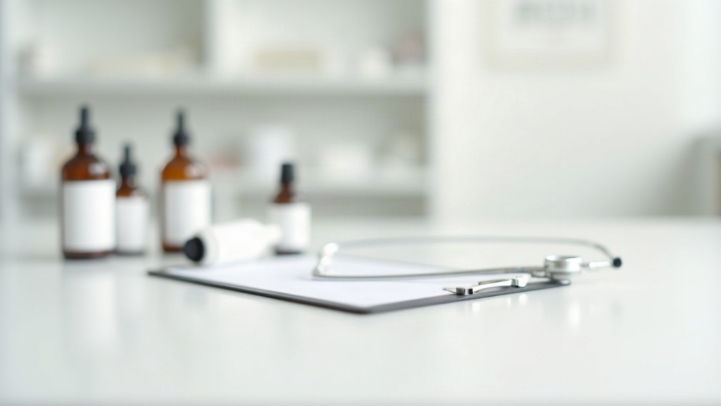 Amber bottles and white tubes lined up on a clinic counter, representing treatments a doctor might consider for persistent acne