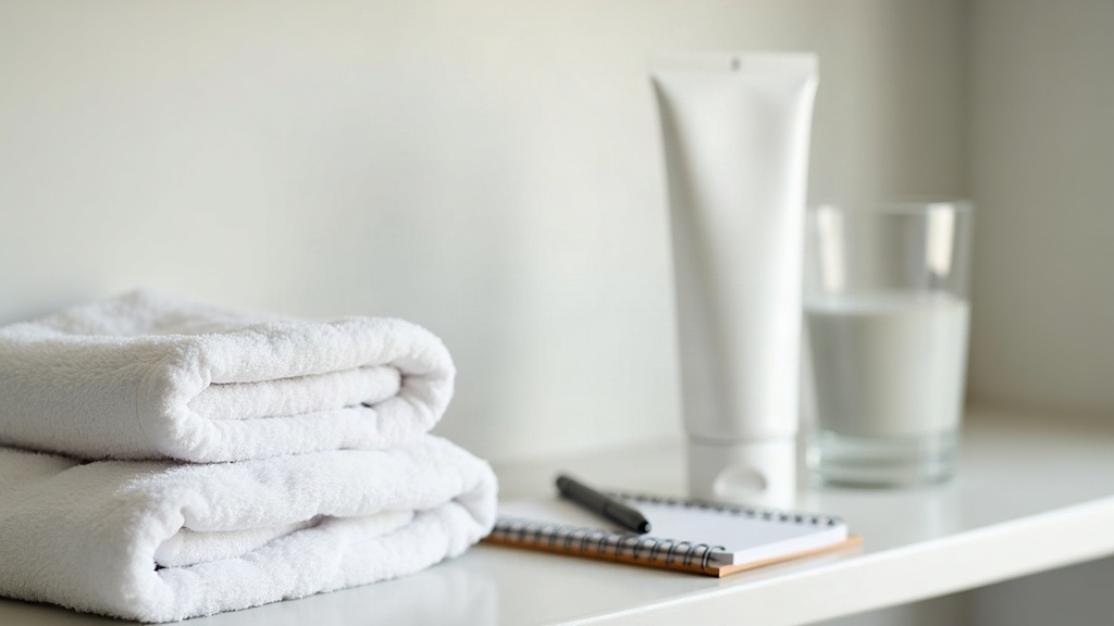 Notepad and skincare tube on a bathroom shelf, suggesting preparing questions before a doctor's visit for acne