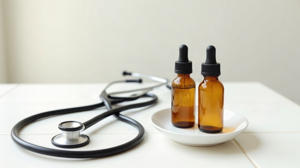 Stethoscope and amber dropper bottle on a tiled surface, representing when acne is worth seeing a doctor about