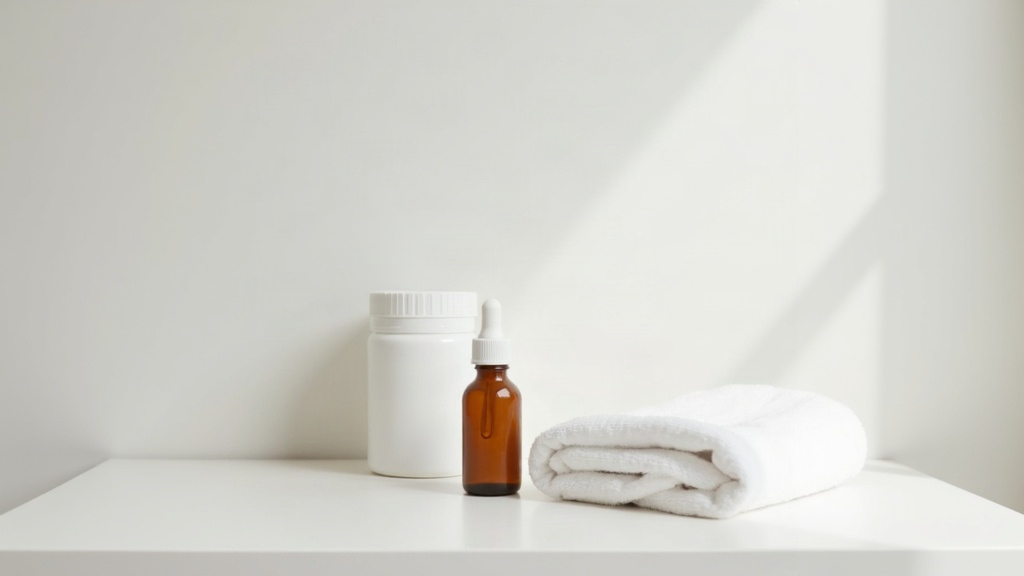 Skincare bottles arranged on a shelf, representing products used for fading dark marks after acne heals
