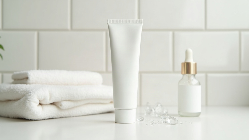 Unlabelled skincare tube and dropper bottle on a tiled counter, used to illustrate products people try for adult acne