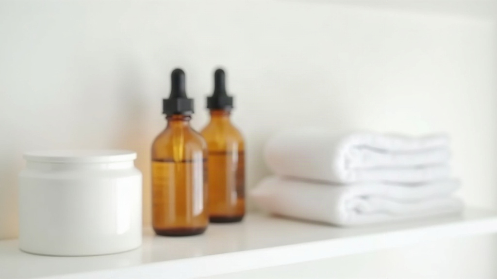Skincare bottles and a jar arranged on a shelf, representing routines used for adult acne