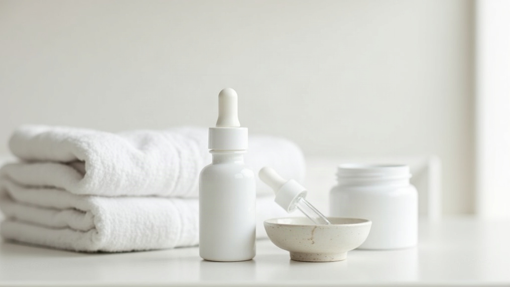 Skincare jar, pipette and towel arranged on a shelf, illustrating how acne ingredients are layered in a routine