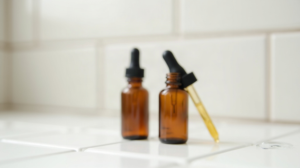 Two amber dropper bottles on a tiled counter representing acne ingredients that can cancel each other out