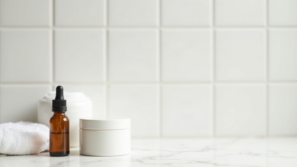 Unbranded skincare bottles arranged on a tiled surface, representing why acne usually starts in the teenage years