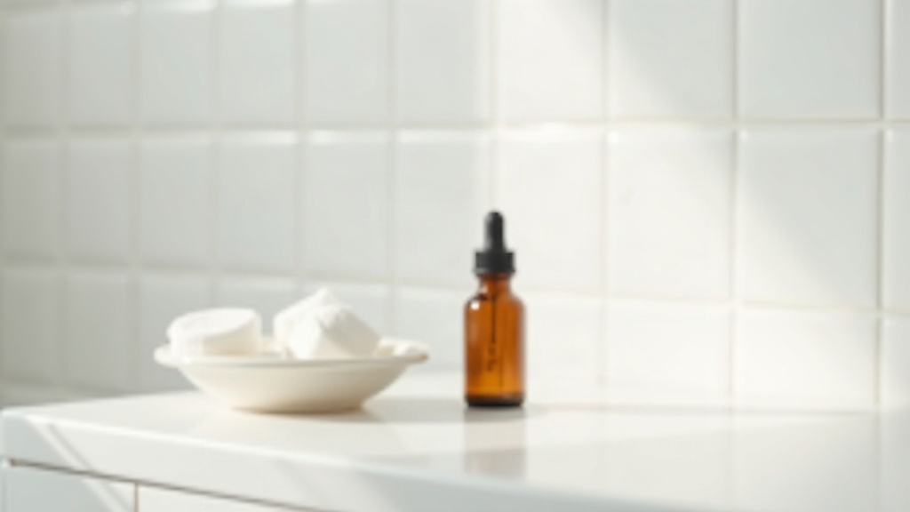 Amber dropper bottle and cotton pads on a bathroom counter representing skin oil and sebum care