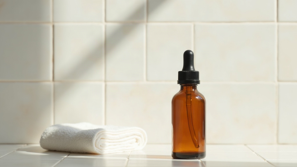 A single skincare bottle isolated on a counter, showing the idea of introducing one product at a time