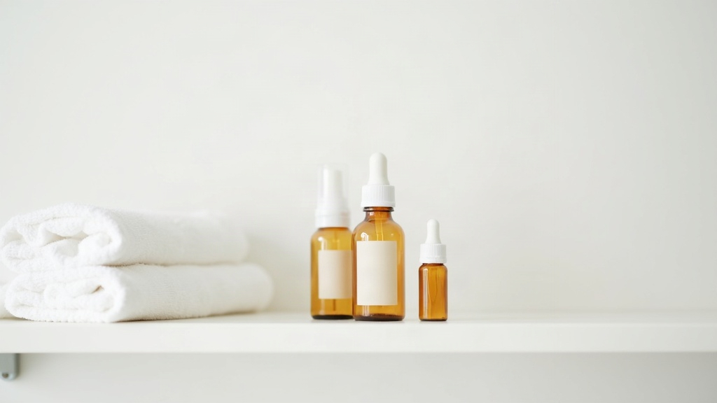 Three unbranded skincare bottles spaced apart on a shelf, illustrating introducing one product at a time