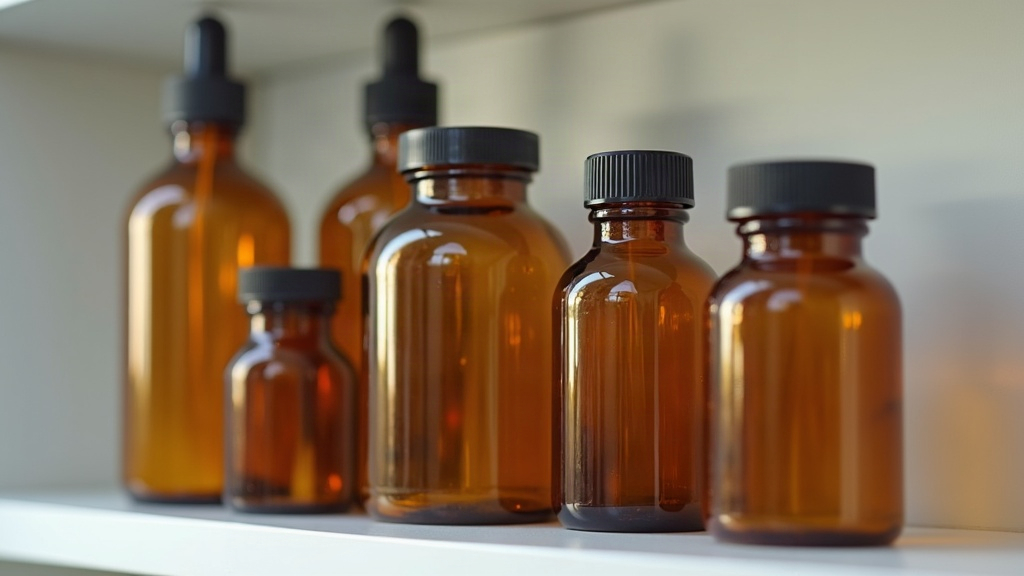 Row of amber medicine bottles on a shelf representing prescription oral antibiotics for acne