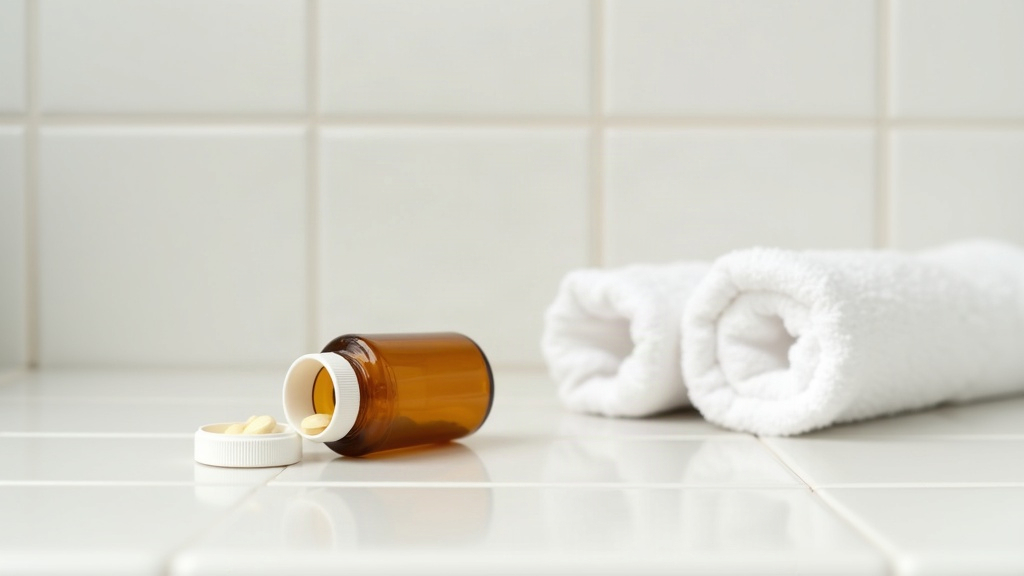 Amber pill bottle on a tiled surface representing shorter oral antibiotics courses for acne