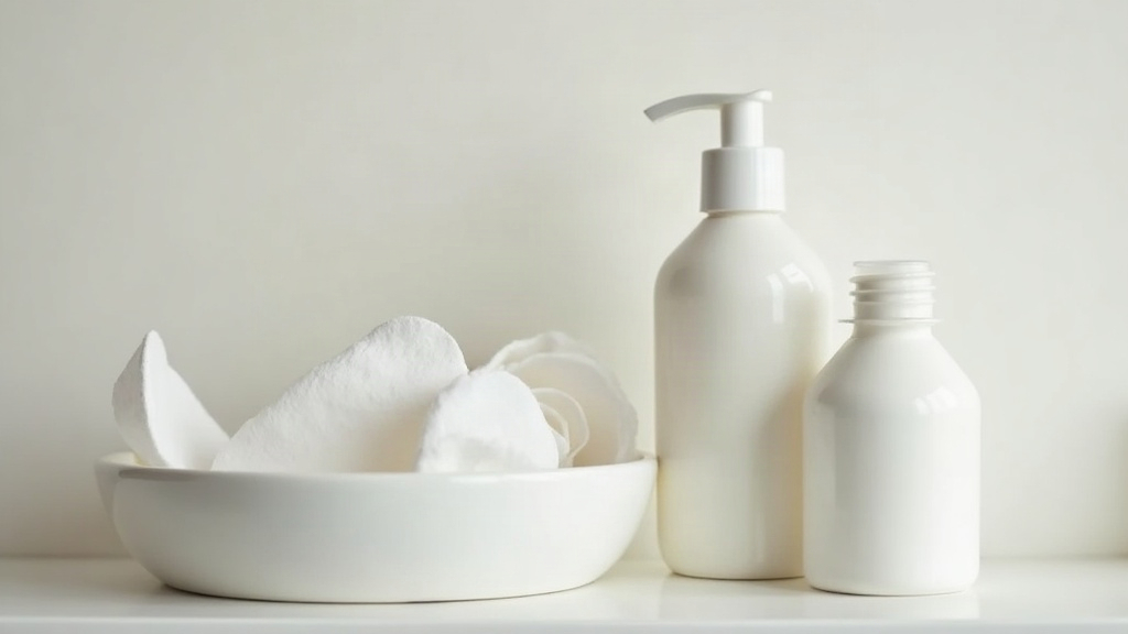 Cotton pads and an unlabeled pump bottle used to describe a gradual acne skincare routine